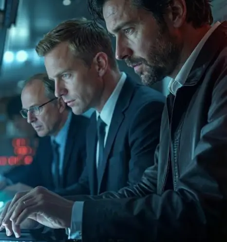 Team of business professionals reviewing financial data together on a computer screen